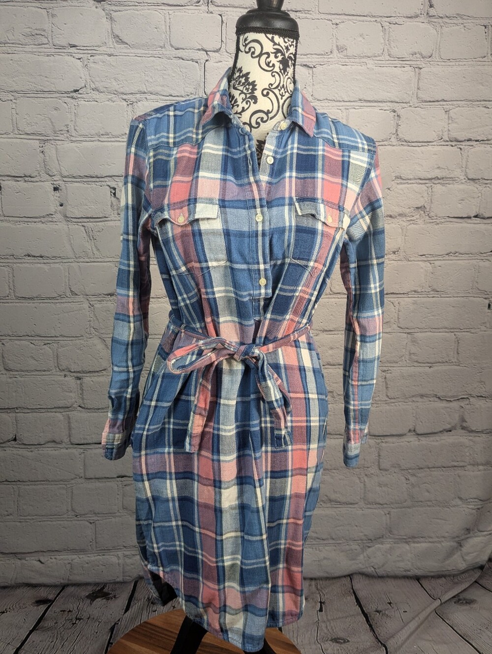 GAP Blue & Pink Plaid Long-Sleeve Shirt Dress with Tie Belt Sz Small B32